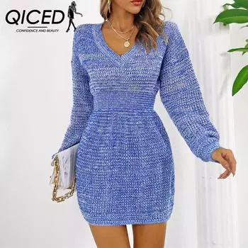 QICED женские модные повседневные однотонные принты осень-зима с длинными рукавами и v-образным вырезом свободные свитера повседневные платья S красный