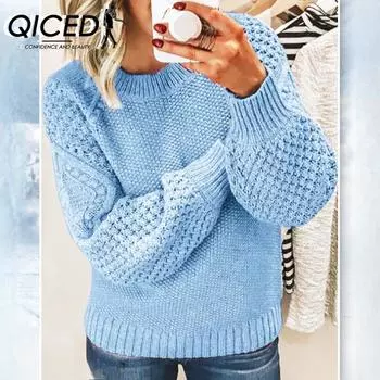 QICED женские модные повседневные однотонные принты осень-зима с длинными рукавами и круглым вырезом свободные свитера S лазурь