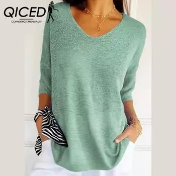 QICED женские модные повседневные однотонные принты осень-зима с длинными рукавами и v-образным вырезом свободные свитера S чёрный