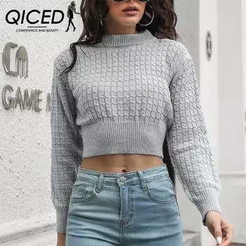 QICED женские модные повседневные однотонные принты осень-зима с длинными рукавами и v-образным вырезом свободные свитера S белый