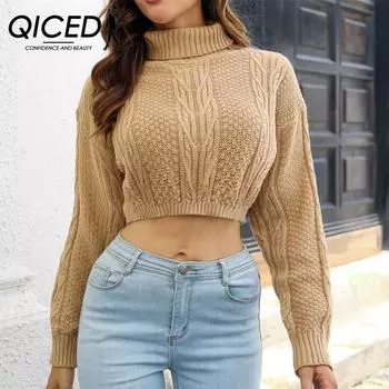 QICED женские модные повседневные однотонные принты осень-зима с длинным рукавом свободные свитера с высоким воротом S хаки
