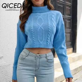 QICED женские модные повседневные однотонные принты осень-зима с длинным рукавом свободные свитера с высоким воротом S белый