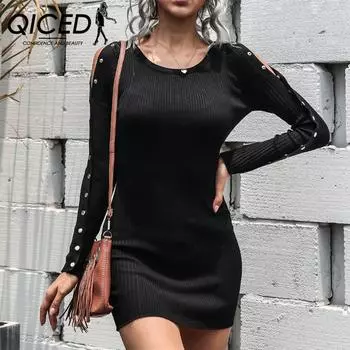 QICED женские модные повседневные однотонные принты осень-зима с длинными рукавами и круглым вырезом свободные свитера one size чёрный