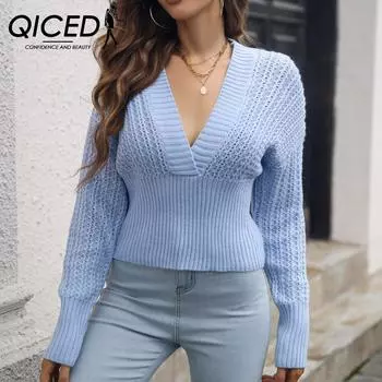 QICED женские модные повседневные однотонные принты осень-зима с длинными рукавами и v-образным вырезом свободные свитера S розовый