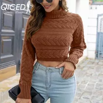 QICED женские модные повседневные однотонные принты осень-зима с длинным рукавом свободные свитера с высоким воротом S белый