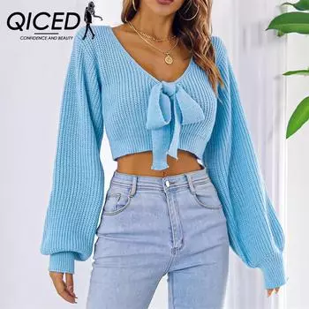 QICED женские модные повседневные однотонные принты осень-зима с длинными рукавами и v-образным вырезом свободные свитера S белый