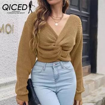 QICED женские модные повседневные однотонные принты осень-зима с длинными рукавами и v-образным вырезом свободные свитера S белый