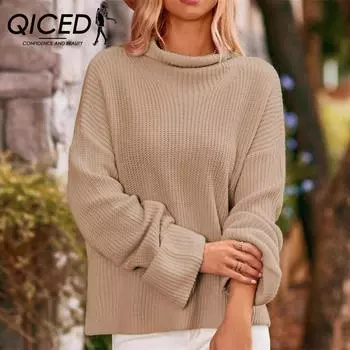 QICED женские модные повседневные однотонные принты осень-зима с длинным рукавом Половина водолазки свободные свитера S чёрный