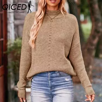 QICED женские модные повседневные однотонные принты осень-зима с длинным рукавом Половина водолазки свободные свитера S чёрный