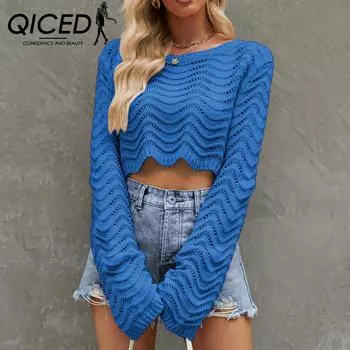 QICED женские модные повседневные однотонные принты осень-зима с длинными рукавами и круглым вырезом свободные свитера S чёрный