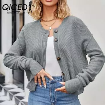 QICED женские модные повседневные однотонные свободные свитера с длинными рукавами на осень и зиму с принтом S чёрный