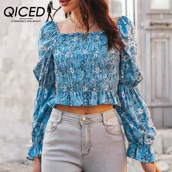 QICED женские модные повседневные осенне-зимние блузки и рубашки с квадратным воротником и короткими рукавами с цветочным принтом S розовый