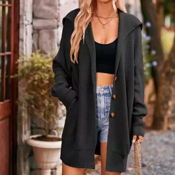 QICED женские модные повседневные осенне-зимние кардиганы с капюшоном и длинными рукавами, свободные свитера S чёрный