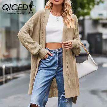 QICED женские модные повседневные осенне-зимние кардиганы с длинными рукавами, пальто S чёрный
