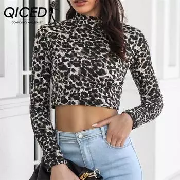 QICED женские модные повседневные осенне-зимние леопардовые принты с длинным рукавом, полуводолазка, блузки и рубашки S белый