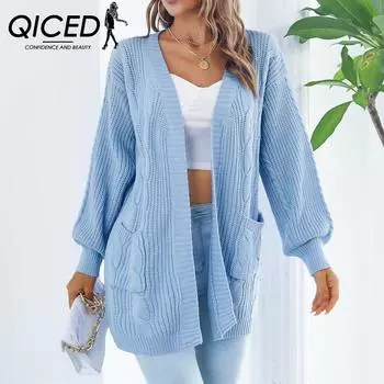 QICED женские модные повседневные осенне-зимние однотонные кардиганы с длинными рукавами и принтом S абрикосовый