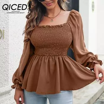 QICED женские модные повседневные осенне-зимние однотонные блузки и рубашки с квадратным воротником и длинными рукавами с принтом S белый