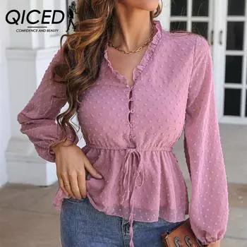 QICED женские модные повседневные осенне-зимние однотонные блузки и рубашки с v-образным вырезом и длинными рукавами с принтом S белый