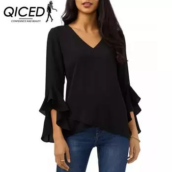 QICED женские модные повседневные осенне-зимние однотонные блузки и рубашки с v-образным вырезом и длинными рукавами с принтом S чёрный