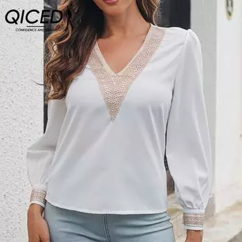 QICED женские модные повседневные осенне-зимние однотонные блузки и рубашки с v-образным вырезом и длинными рукавами с принтом S белый