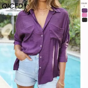 QICED женские модные повседневные осенне-зимние однотонные рубашки-поло с длинным рукавом и принтом, блузки и рубашки