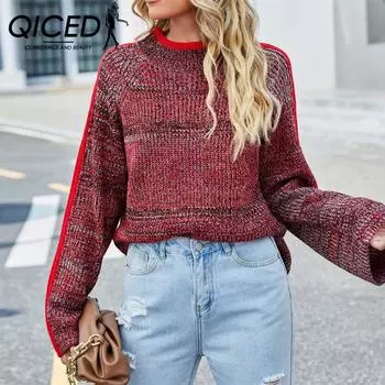 QICED женские модные повседневные осенне-зимние свободные свитера с длинным рукавом и круглым вырезом S красный