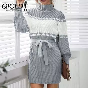 QICED женские модные повседневные осенне-зимние свободные свитера с длинным рукавом и высоким воротом S фиолетовый