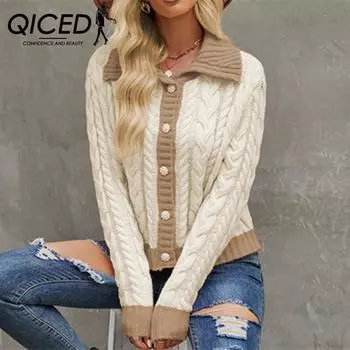 QICED женские модные повседневные осенне-зимние свободные свитера с длинными рукавами и воротником-поло