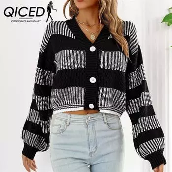 QICED женские модные повседневные полосатые принты осень-зима с длинным рукавом с v-образным вырезом свободные свитера пальто S коричневый