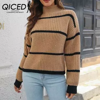 QICED женские модные повседневные полосатые принты осень-зима с длинным рукавом свободные свитера с высоким воротом S армия зеленый