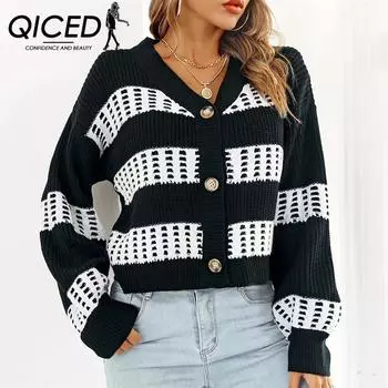 QICED женские модные повседневные полосатые принты осень-зима с длинным рукавом с v-образным вырезом свободные свитера пальто S хаки