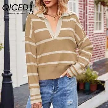 QICED женские модные повседневные полосатые принты осень-зима с длинными рукавами и v-образным вырезом свободные свитера S зелёный