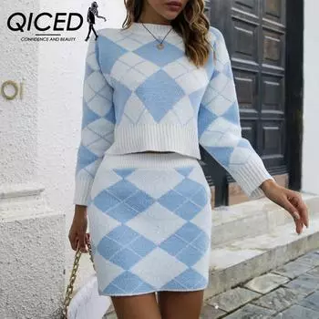 QICED женские модные повседневные ромбовидные принты осень-зима свободные свитера с длинными рукавами и круглым вырезом юбка из двух частей S розовый