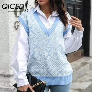 QICED женские модные повседневные рождественские принты осенне-зимние вязаные жилеты без рукавов с v-образным вырезом S хаки