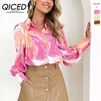 QICED женские модные повседневные весенне-осенние блузки и рубашки-поло с длинными рукавами и воротником-стойкой