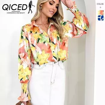 QICED женские модные повседневные весенне-осенние блузки и рубашки с длинным рукавом с цветочным принтом и воротником-поло