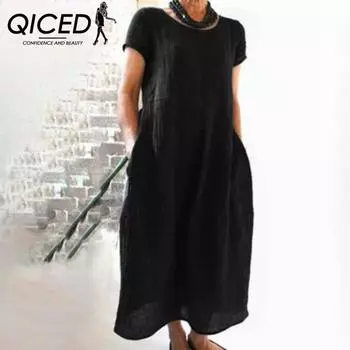 QICED Женские однотонные винтажные свободные платья из хлопка и льна S чёрный