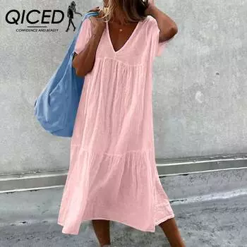 QICED Женские платья миди из хлопка и льна с коротким рукавом и круглым вырезом S белый