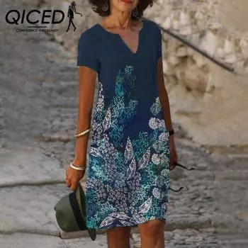 QICED Женские платья весна-лето с принтом и коротким рукавом с V-образным вырезом S