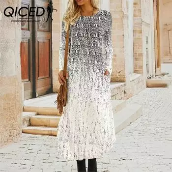 QICED Женские повседневные платья с принтом и круглым вырезом, карманами и длинными рукавами S белый