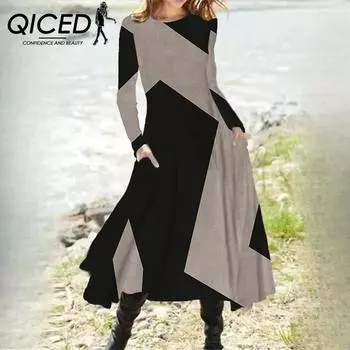 QICED Женские повседневные платья в этническом винтажном стиле на осень и зиму с длинным рукавом свободного покроя S красный