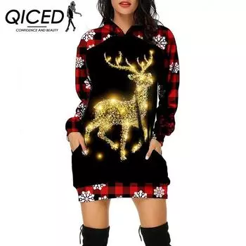QICED Женские рождественские вязаные толстовки средней длины с принтом лося, свободные платья на осень S