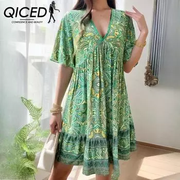 QICED Женские весенне-летние праздничные повседневные платья с принтом и V-образным вырезом S зелёный