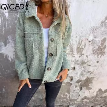 QICED Женские винтажные повседневные куртки и пальто с принтом «клетка», с длинным рукавом, с воротником поло, на осень-зиму S зелёный