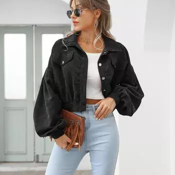 QICED женские винтажные повседневные однотонные куртки и пальто с воротником-поло на осень-зиму с длинным рукавом и принтом S чёрный