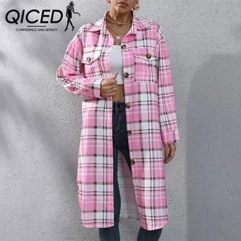 QICED женские винтажные повседневные повседневные клетчатые куртки и пальто с воротником-поло на осень-зиму с длинными рукавами S розовый