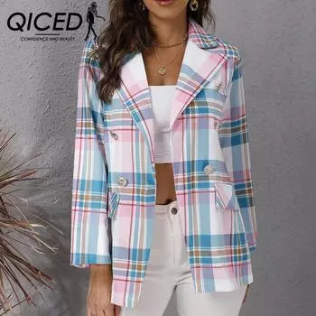 QICED женские винтажные повседневные повседневные куртки и пальто в полоску с принтом осень-зима с длинными рукавами и воротником-поло S белый