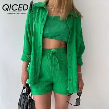 QICED Женский комплект из двух предметов: рубашка с длинными рукавами и плиссированными лацканами, шорты с высокой талией и завязками, модный повседневный костюм большого размера S