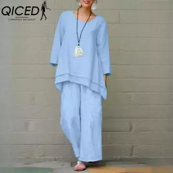 QICED Женский однотонный винтажный брючный костюм из хлопка и льна, повседневный, с длинным рукавом, свободный хлопковый комплект S небесно-голубой