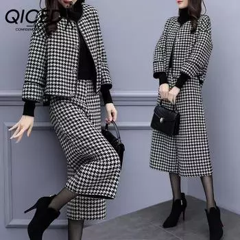 QICED Женский осенне-зимний костюм-двойка, брюки, клетчатое шерстяное пальто, широкие брюки, повседневный и модный женский комплект S